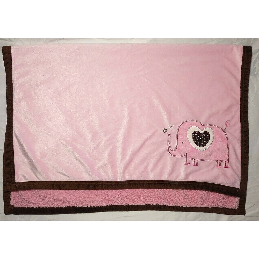 SL Home Fashions 119741 Pink Elephant Brown‎ Trim Baby Girl Blanket Sherpa Heart - Picture 2 of 3